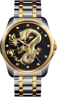 Reloj de cuarzo informal impermeable con esfera tallada de dragón chino dorado de lujo para hombre Foto 1 de 4