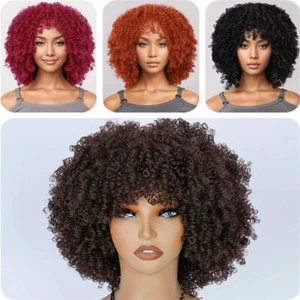 Short Heat-Resistant Wavy Wig Synthetic African Curly Wig with Bangs for Women - Picture 1 of 19
