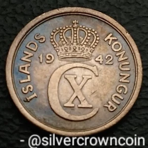 Iceland 1 Eyrir 1942. KM#5.2. One Cent Coin. Island. WWII. Two years issue. D - Picture 1 of 7
