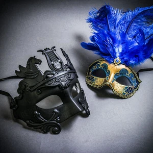 Black Pegasus Warrior & Gold MardiGras Eye Mask w/ Top Blue Feather Couple Masks - Picture 1 of 1