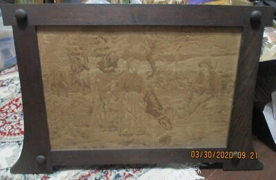 VINTAGE TAPESTRY PICTURE BOY AND GIRL COWS IN FIELD - Image 1 of 4