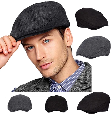 Mens Flat Cap Gatsby Tweed Black Peak Hat Herringbone Newsboy Cap S-XXL