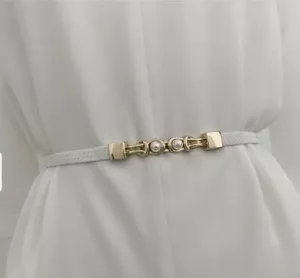 White And Gold Pearl Round Buckle Adjustable Thin Elastic Women’s Belt - Picture 1 of 2