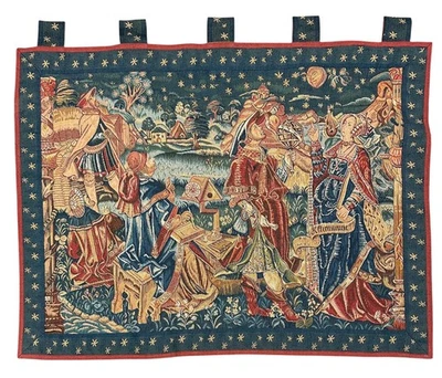 Vintage French Medieval Astronomy Scene Printed  Wall Hanging Tapestry 110x91 cm - Image 1 of 4