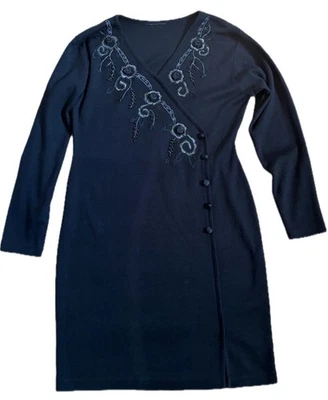 Vintage Floral Embellished Beaded Embroidered Black Sweater Dress Fits L XL - Image 1 of 4