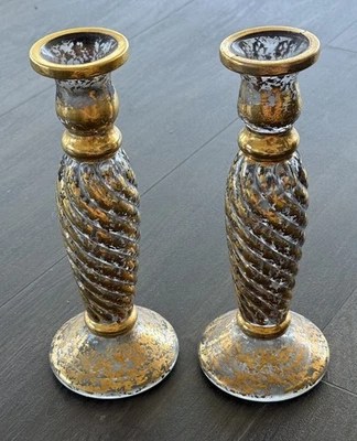 Pottery Barn 2 蜡烛台水星玻璃风格金色斑点意大利制造 9 英寸 — 第 1/4 张图片