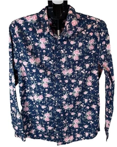 Guess Women's Navy Button Up Long Slv Blouse With Pink Floral Size Medium Retro - Picture 1 of 6