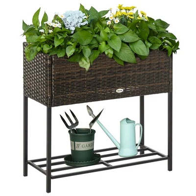 Outdoor Garden Rattan Flower Planter Box with Tool Storage Elevated Work Area - Image 1 of 4