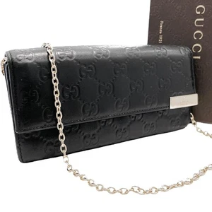 Cartera Larga Gucci SSIMA Cuero Patrón GG Cadena Metal Dorado Gran Capacidad Negra - Imagen 1 de 24
