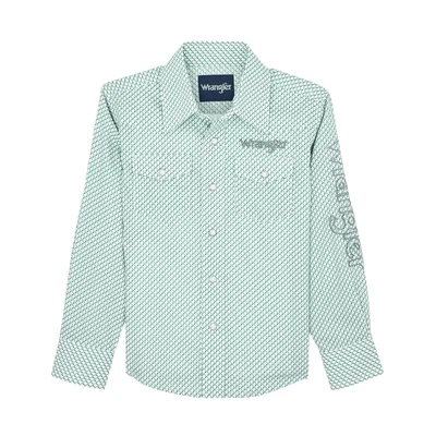 Boy's Wrangler Logo Long Sleeve Snap Shirt - White/Green 112367718 - Image 1 of 2