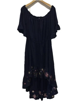 Vestido 2X Azul Marino Flutter Volantes Alto Bajo Bordado BOHO Campesino Playado Plumas Foto 1 de 4