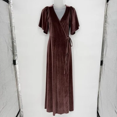 Baltic Born Sz M Maxi Dress Mauve Brown Velvet Velour Tie Wrap Wedding Party - Image 1 of 4