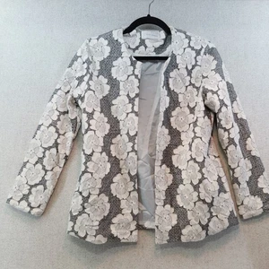 Erin London Gray White Flower Lace Open Lined Blazer Jacket Medium - Picture 1 of 6