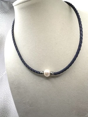 Black Leather Cord Ivory Faux Pearl Choker Style Necklace Gun Metal Gray - Image 1 of 4