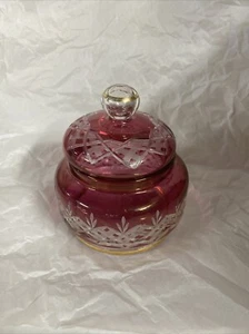 Cranberry Lidded Candy Dish 5xcut To Clear  With Gold Trim - Picture 1 of 7