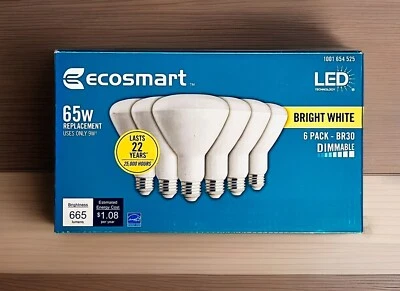 EcoSmart 65W Equivalent BR30 Dimmable LED Light Bulb, Bright White (6-Pack) NEW - Image 1 of 4