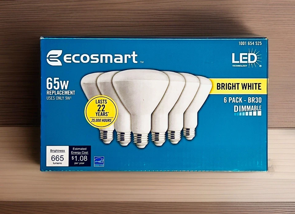 EcoSmart 65W Equivalent BR30 Dimmable LED Light Bulb, Bright White (6-Pack) NEW - Image 1 of 4