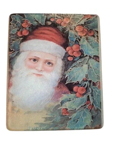 Vintage Santa Claus Glass Cutting Board Christmas Kitchen Decor Holly Berries - Picture 1 of 5