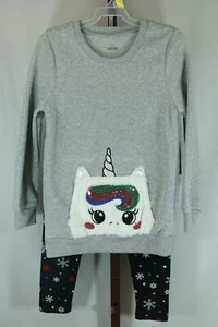 Girls Gray Unicorn 2 Pc Comfort Fleece Front Sweatshirt Pants Outfit Size 6 NEW - Picture 1 of 7