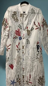 $125 Embroidered Beach Ocean Saltwater Fish White SHIRT DRESS Sz L D88 - Imagen 1 de 11