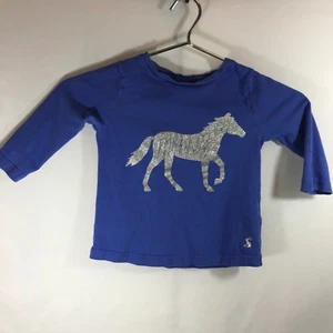 JOULES Soft Knit Cotton Polo Tee T-shirt glitter horse blue long sleeve sz 3-4Y - Picture 1 of 8