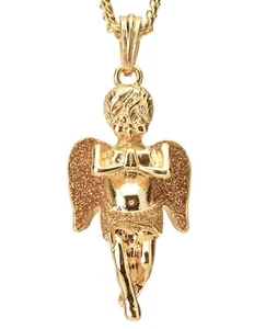 Men's Gold Plated Baby Pray Angel Pendant 20" Cuban Chain Necklace 72 - Foto 1 di 8