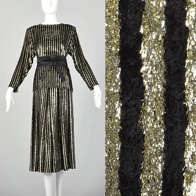 M 1980s Caroline Charles Gold Black Skirt Set Striped Formal Designer 80s VTG - Image 1 of 4