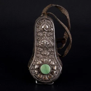 Rare Amulette en argent cabochon de turquoise et cuir Tibet XVIIIe / XIXe Siècle - Picture 1 of 5