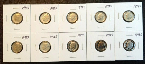 1970-1979 S Roosevelt Dime GEM PROOF 10-Coin PROOF Set Complete Run Cover