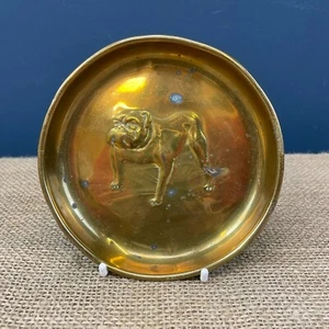 VINTAGE ANTIQUE BRASS BULL DOG UNION JACK FLAG COIN TRINKET DISH - Picture 1 of 4