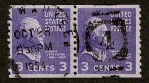 US 1939 #842 - 3c Thomas Jefferson Coil Pair (2) Stamps Used - Picture 1 of 2