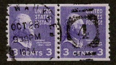 US 1939 #842 - 3c Thomas Jefferson Coil Pair (2) Stamps Used - Image 1 of 2