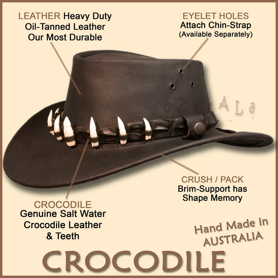 【oZtrALa】Aussie LEATHER Hat CROCODILE Teeth Band Cowboy DUNDEE Mens AUSTRALIAN