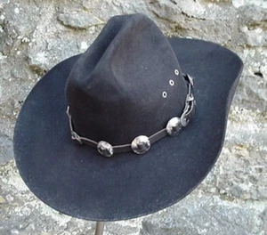 WESTERN HAT BAND BLACK LEATHER w 10 Nickel Conchos - Picture 1 of 1