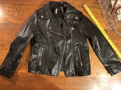 Faux Leather Black Biker Jacket Kids US 8-10 (9-10A) w/ Metal Zipper - Image 1 of 4