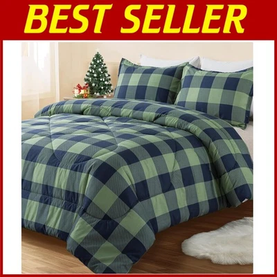 Уютный комплект постельного белья Queen из 3 предметов - зеленая клетка микрофибра для комфорта круглый год - Изображение 1 из 4