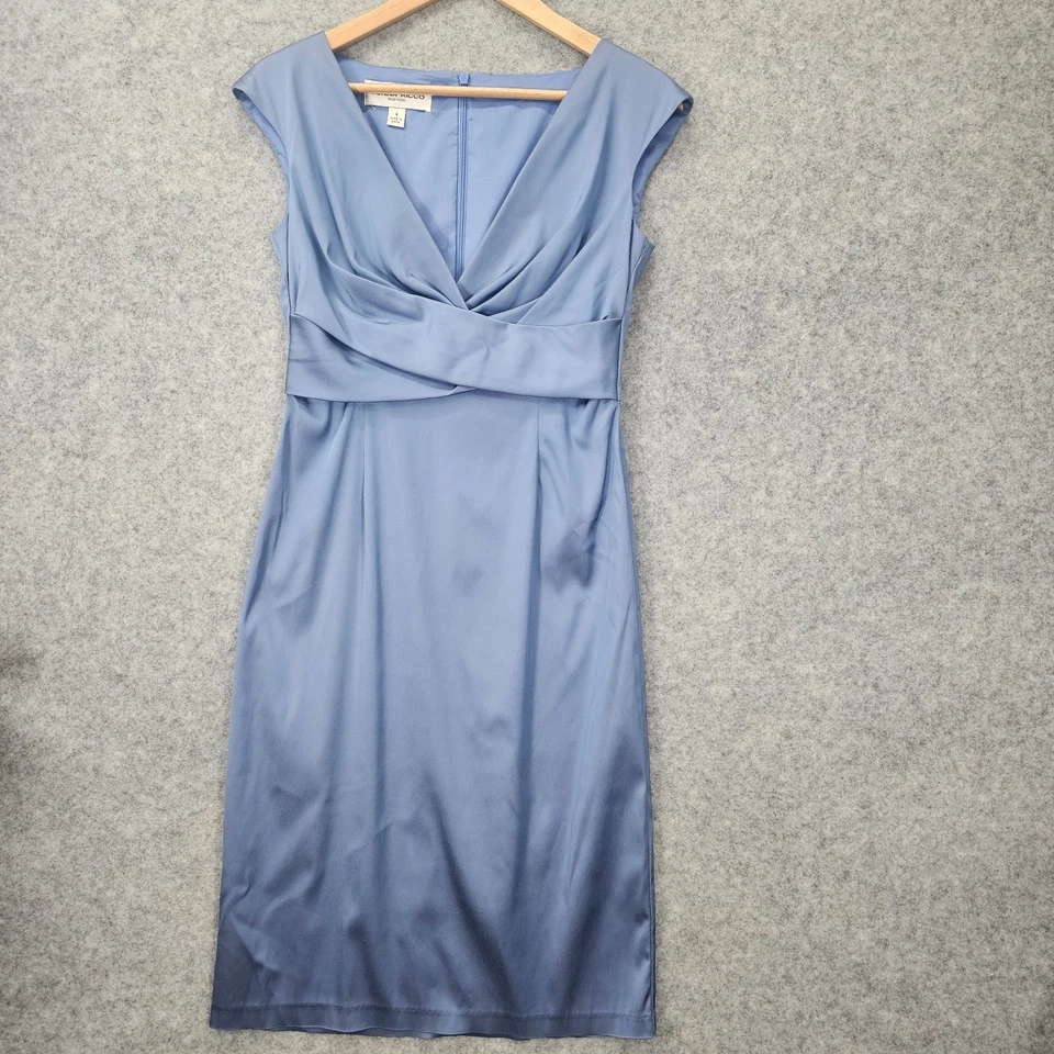 Donna Ricco Sheath Dress Womens 4 S Blue Periwinkle Satin Cocktail Party Wedding - Image 1 of 4