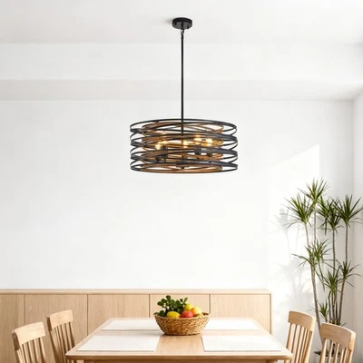 Black 20'' Pendant 5 Light Vintage Metal Drum Ceiling Chandelier Kitchen Fixture - Image 1 of 4
