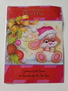 Neu Vintage Weihnachtsgrußkarte Umschlag 80er liebe Kindermädchen süßer Hase Kitsch A4 - Bild 1 von 3