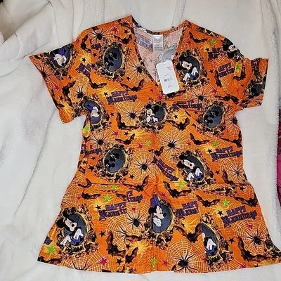 Disney Mickey Mouse Haunted Halloween Medical Scrub Top Orange Women's Sz Medium - Image 1 of 4