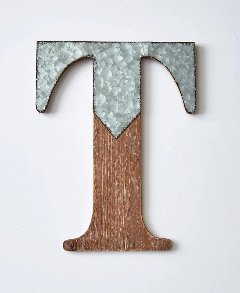 "T" MONOGRAM LETTER GALVANIZED WOODGRAIN FINISH DECORATIVE WALL HANGING - Image 1 of 1