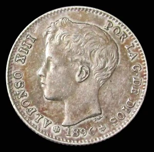 1896 (96) PG-V SILVER SPAIN PESETA ALFONSO XIII COIN MADRID MINT - Picture 1 of 2
