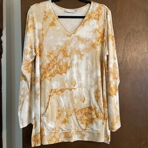 Susan Graver V-Ausschnitt gelb Batik ultraweich Fronttasche Top A390443 Größe L - Bild 1 von 8