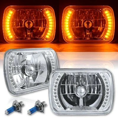 7X6 Amber LED Halo Halogen Crystal Clear Headlights Angel Eye H4 Light Bulbs Pr - Image 1 of 4