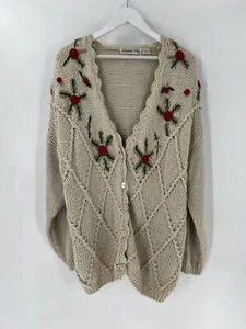 Diamond Hill Vintage Cardigan Sweater Womens 22 Beige Rose Embroidered V Neck - Picture 1 of 15