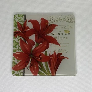 W. FRINGE STUDIO Art/trunket Serving Tray with Red Flowers Winter 4.5” by 4.5” - Picture 1 of 3