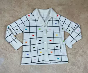 Vintage 60's White Knit Geometric Multicolor Cardigan - Picture 1 of 5