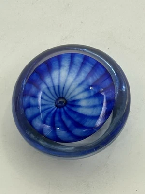 Pisapapeles de vidrio soplado a mano vibrante azul y blanco patrones de remolino firmado Foto 1 de 4
