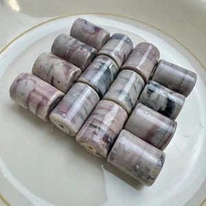 Porcelain Ceramic Barrel Beads Large Marbled Purple Swirl Glaze Lot of 14 - Picture 1 of 5