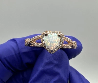 925 Sterling Silver Rose Gold Heart Opal CZ Ring 2.6g Size 9 721 - Image 1 of 4